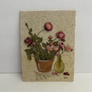Cheri Blum floral 3D textured wall ceramic art plaque tile